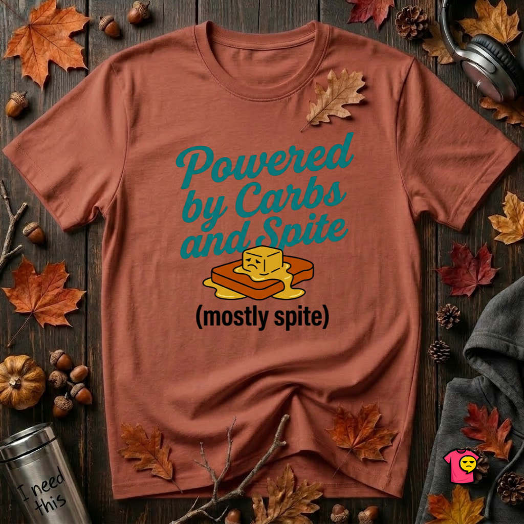 Powered by Carbs and Spite sarcastic graphic t-shirt in Rust by Snarky Sarks