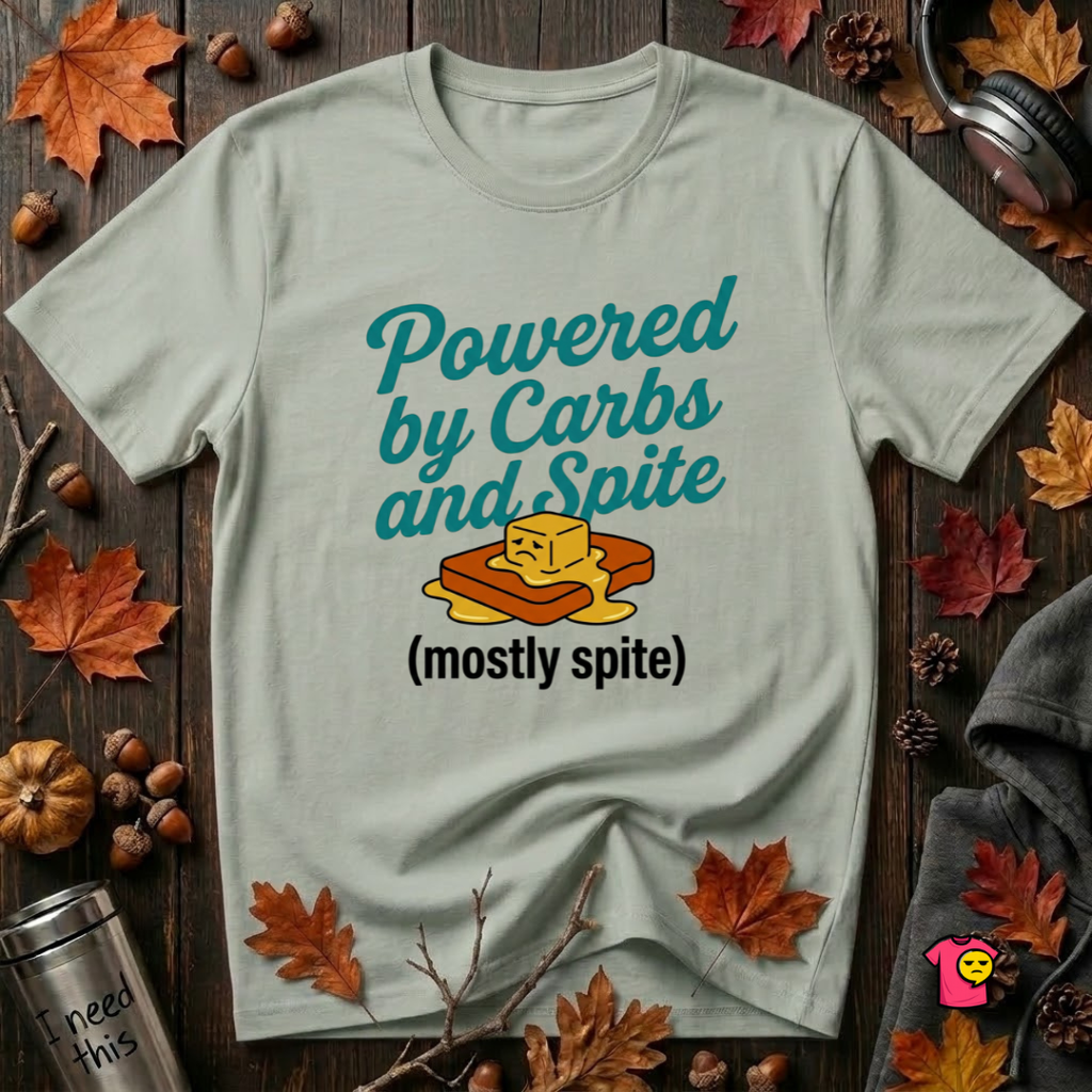 Powered by Carbs and Spite sarcastic graphic t-shirt in Sage by Snarky Sarks