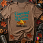 Powered by Carbs and Spite sarcastic graphic t-shirt in Sand Dune by Snarky Sarks