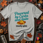 Powered by Carbs and Spite sarcastic graphic t-shirt in Silver by Snarky Sarks