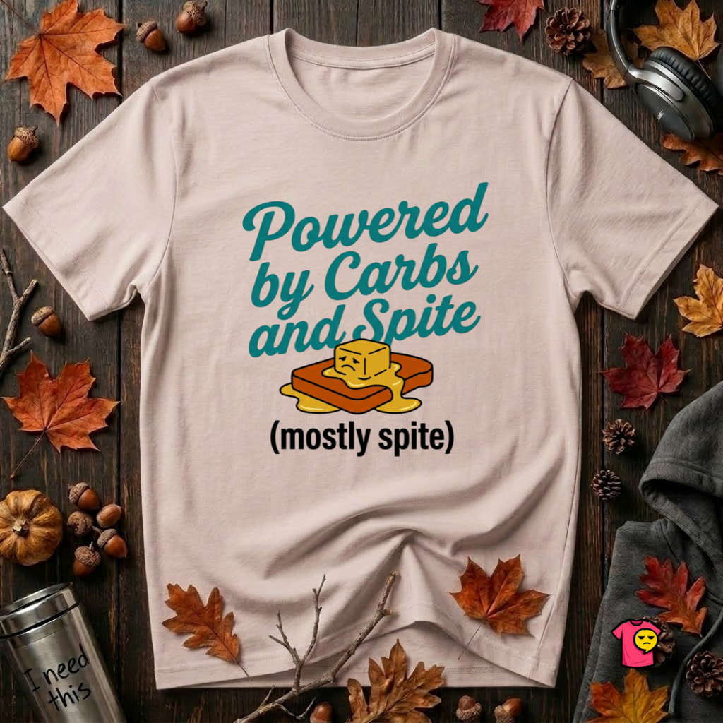 Powered by Carbs and Spite sarcastic graphic t-shirt in Soft Pink by Snarky Sarks