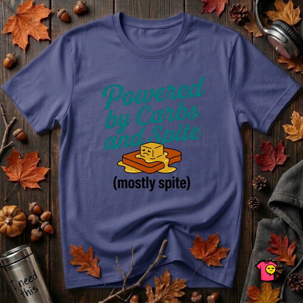 Powered by Carbs and Spite sarcastic graphic t-shirt in Team Navy by Snarky Sarks