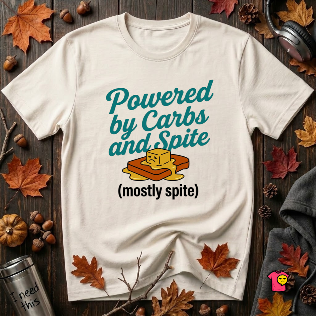 Powered by Carbs and Spite sarcastic graphic t-shirt in White by Snarky Sarks