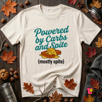 Powered by Carbs and Spite sarcastic graphic t-shirt in White by Snarky Sarks