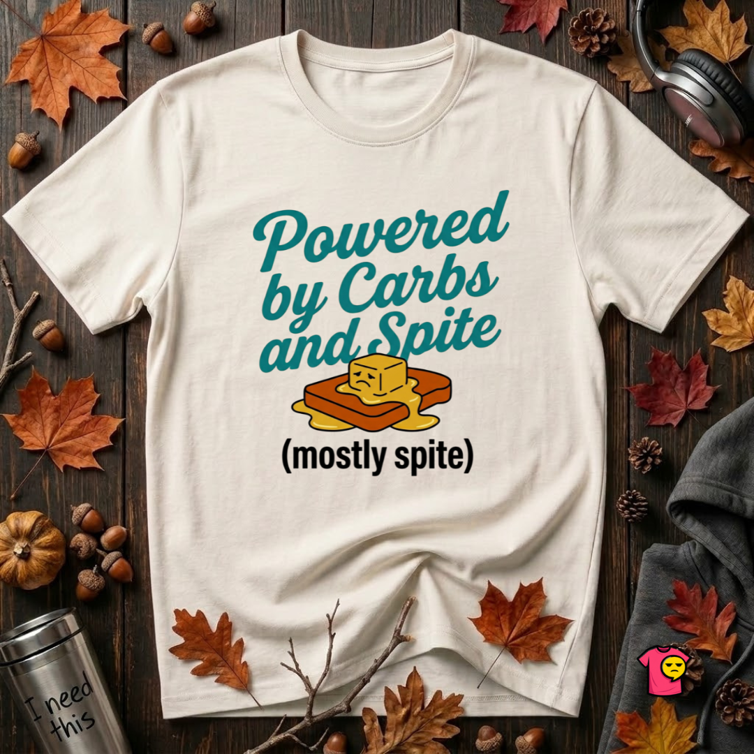 Powered by Carbs and Spite sarcastic graphic t-shirt in White by Snarky Sarks