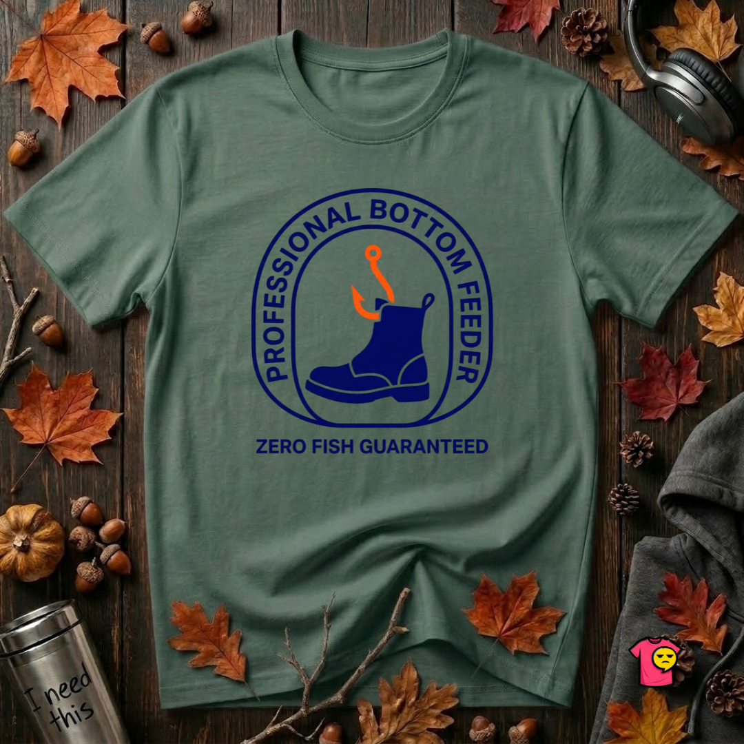 Professional Bottom Feeder sarcastic fishing t-shirt in Heather Forest by Snarky Sarks