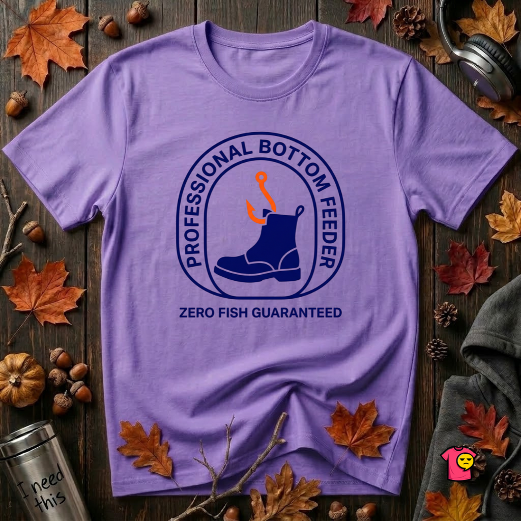 Professional Bottom Feeder sarcastic fishing t-shirt in Heather Team Purple by Snarky Sarks