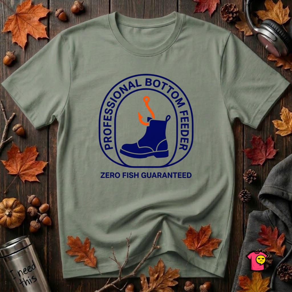 Professional Bottom Feeder sarcastic fishing t-shirt in Military Green by Snarky Sarks