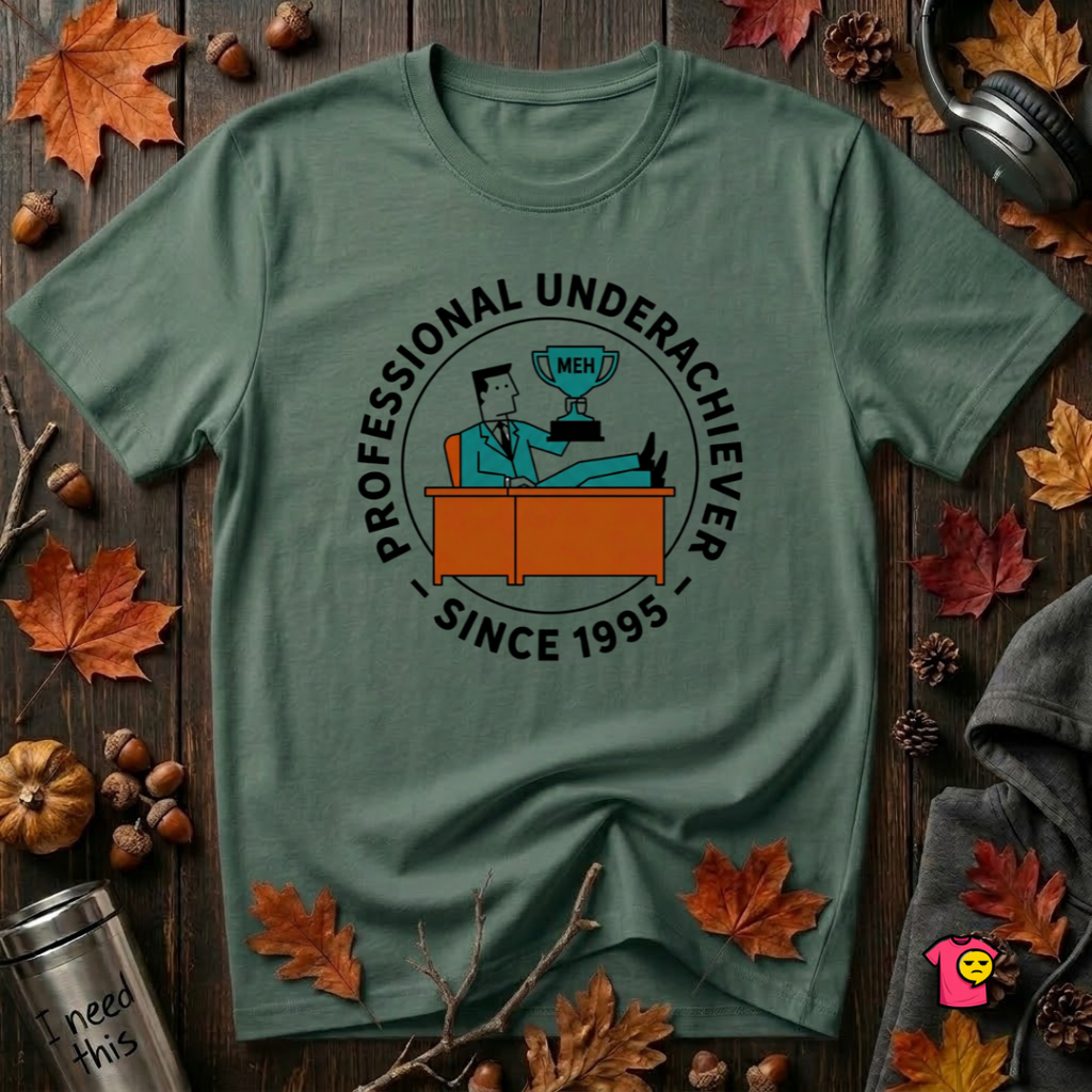 Professional Underachiever sarcastic graphic t-shirt in Heather Forest by Snarky Sarks