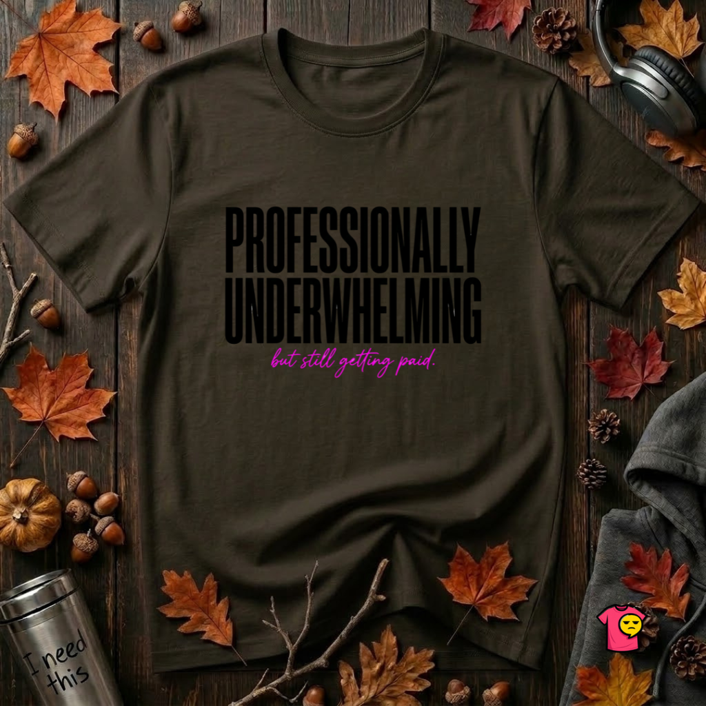 Professionally Underwhelming sarcastic graphic t-shirt in Black by Snarky Sarks