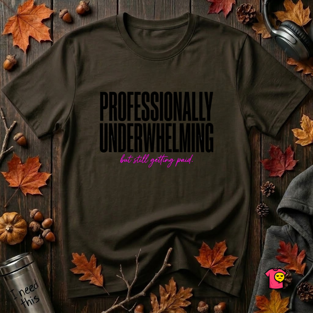 Professionally Underwhelming sarcastic graphic t-shirt in Black by Snarky Sarks