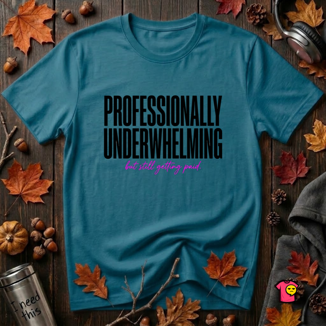 Professionally Underwhelming sarcastic graphic t-shirt in Deep Teal by Snarky Sarks