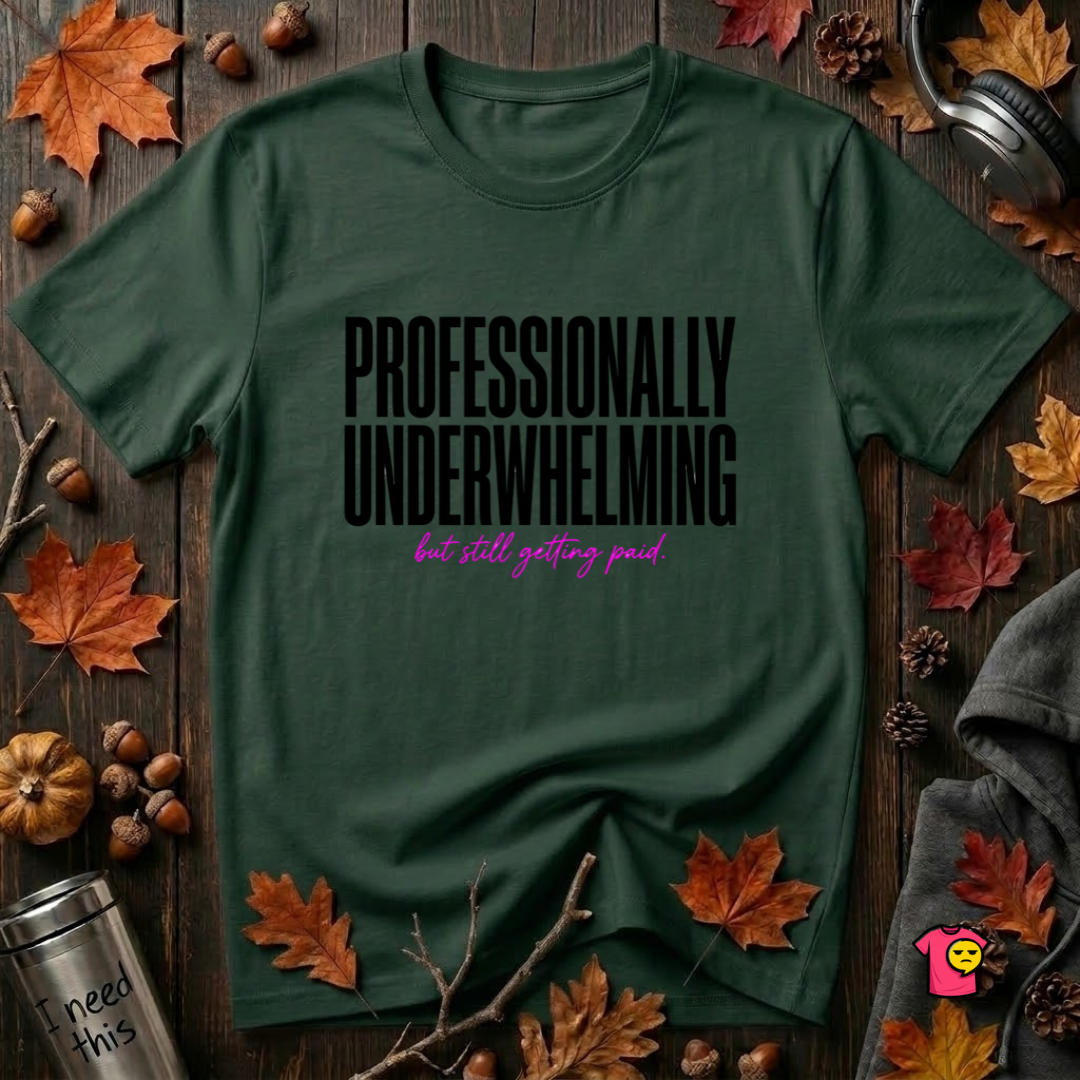 Professionally Underwhelming sarcastic graphic t-shirt in Forest by Snarky Sarks