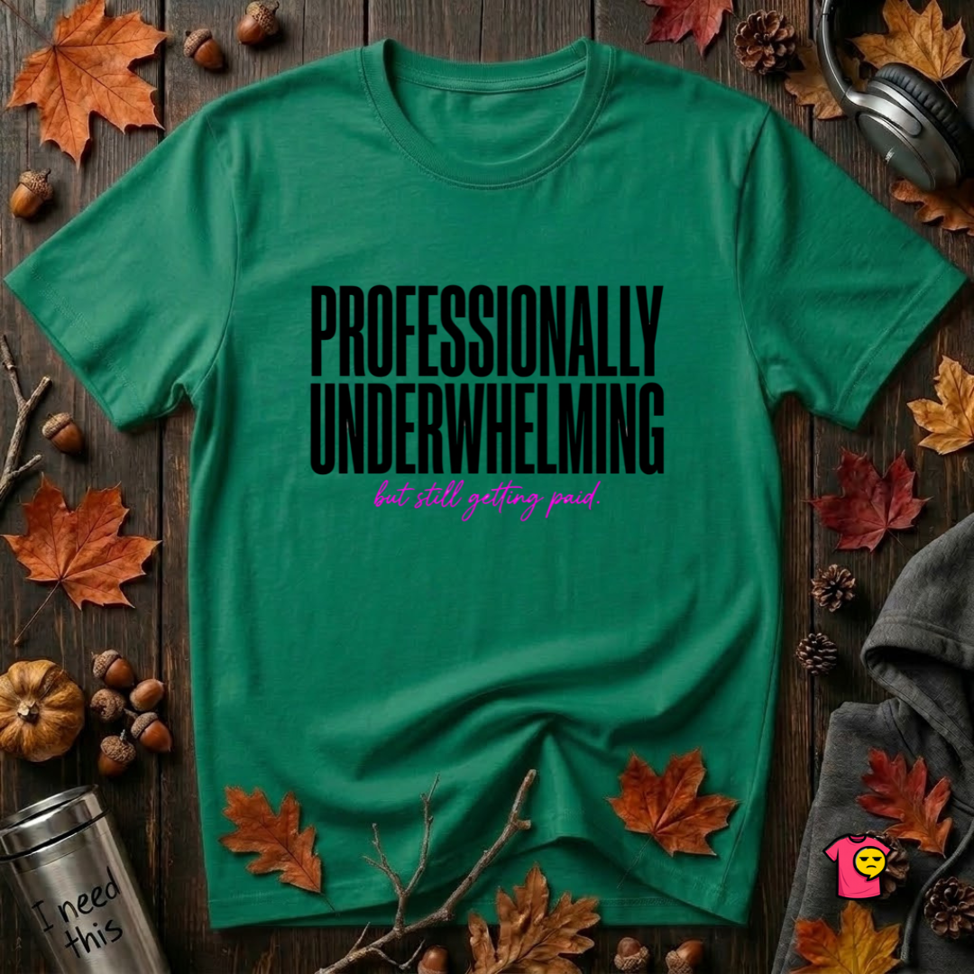 Professionally Underwhelming sarcastic graphic t-shirt in Kelly by Snarky Sarks