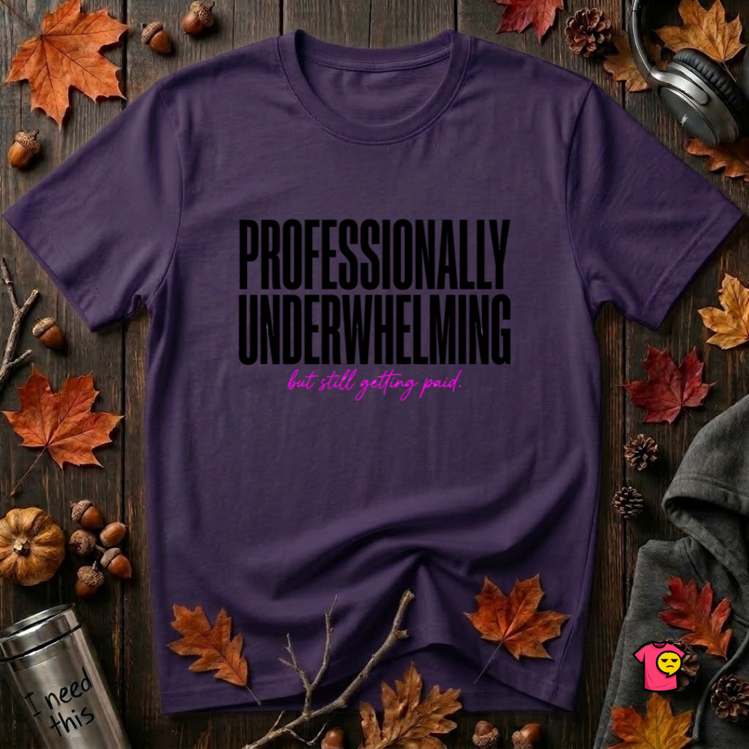 Professionally Underwhelming sarcastic graphic t-shirt in Purple by Snarky Sarks