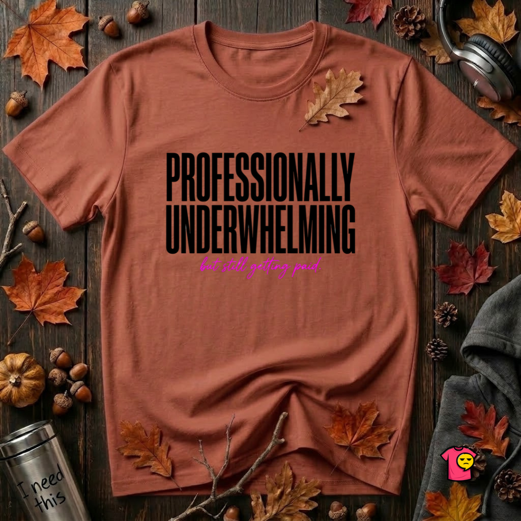 Professionally Underwhelming sarcastic graphic t-shirt in Rust by Snarky Sarks