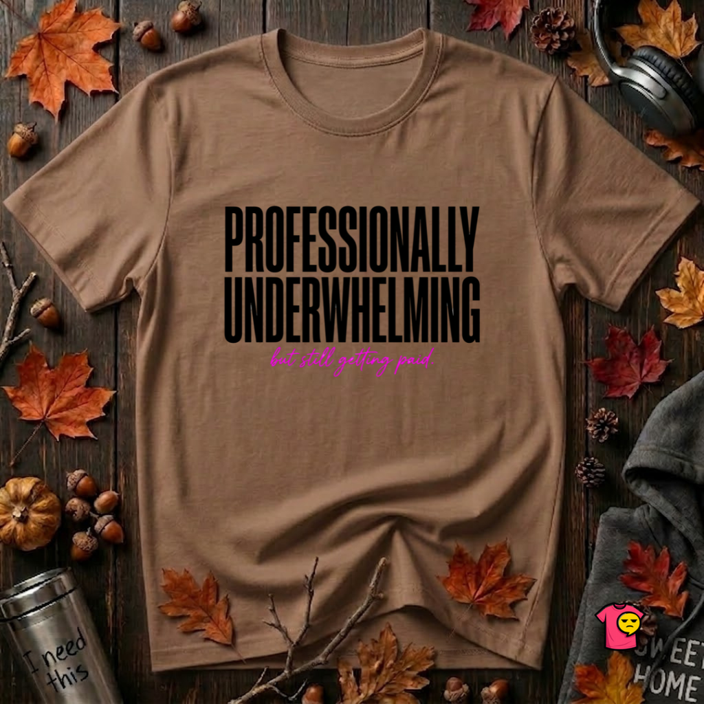 Professionally Underwhelming sarcastic graphic t-shirt in Sand Dune by Snarky Sarks