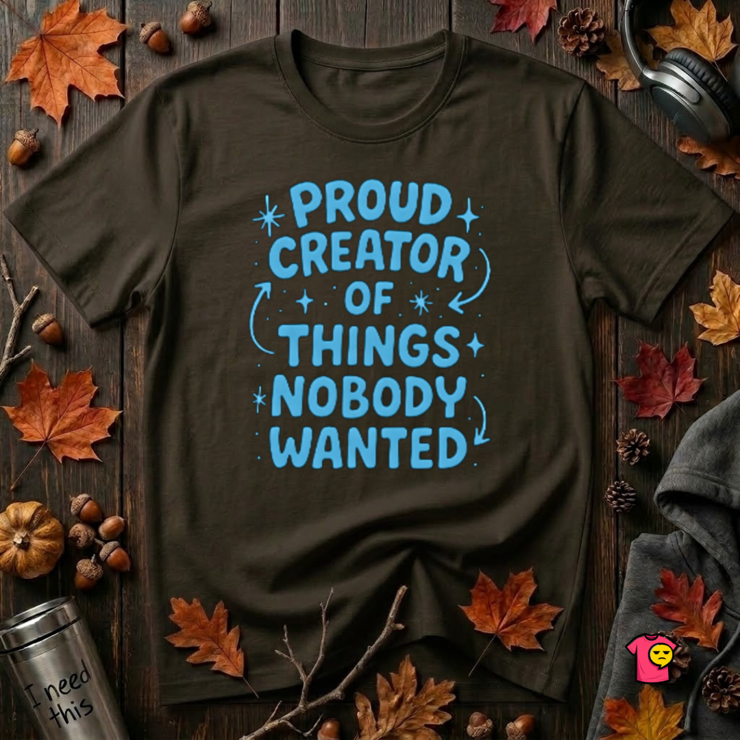Proud Creator of Things Nobody Wanted sarcastic graphic t-shirt in Black by Snarky Sarks