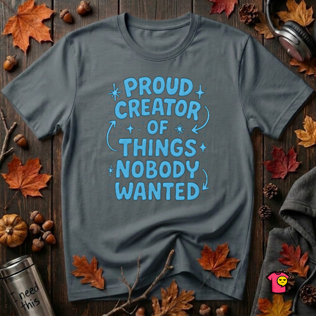 Proud Creator of Things Nobody Wanted sarcastic graphic t-shirt in Dark Gray by Snarky Sarks