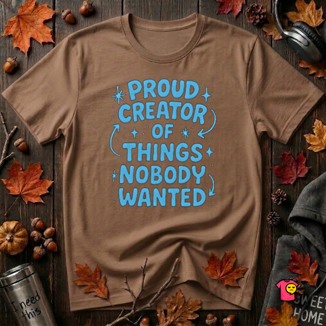 Proud Creator of Things Nobody Wanted sarcastic graphic t-shirt in Sand Dune by Snarky Sarks