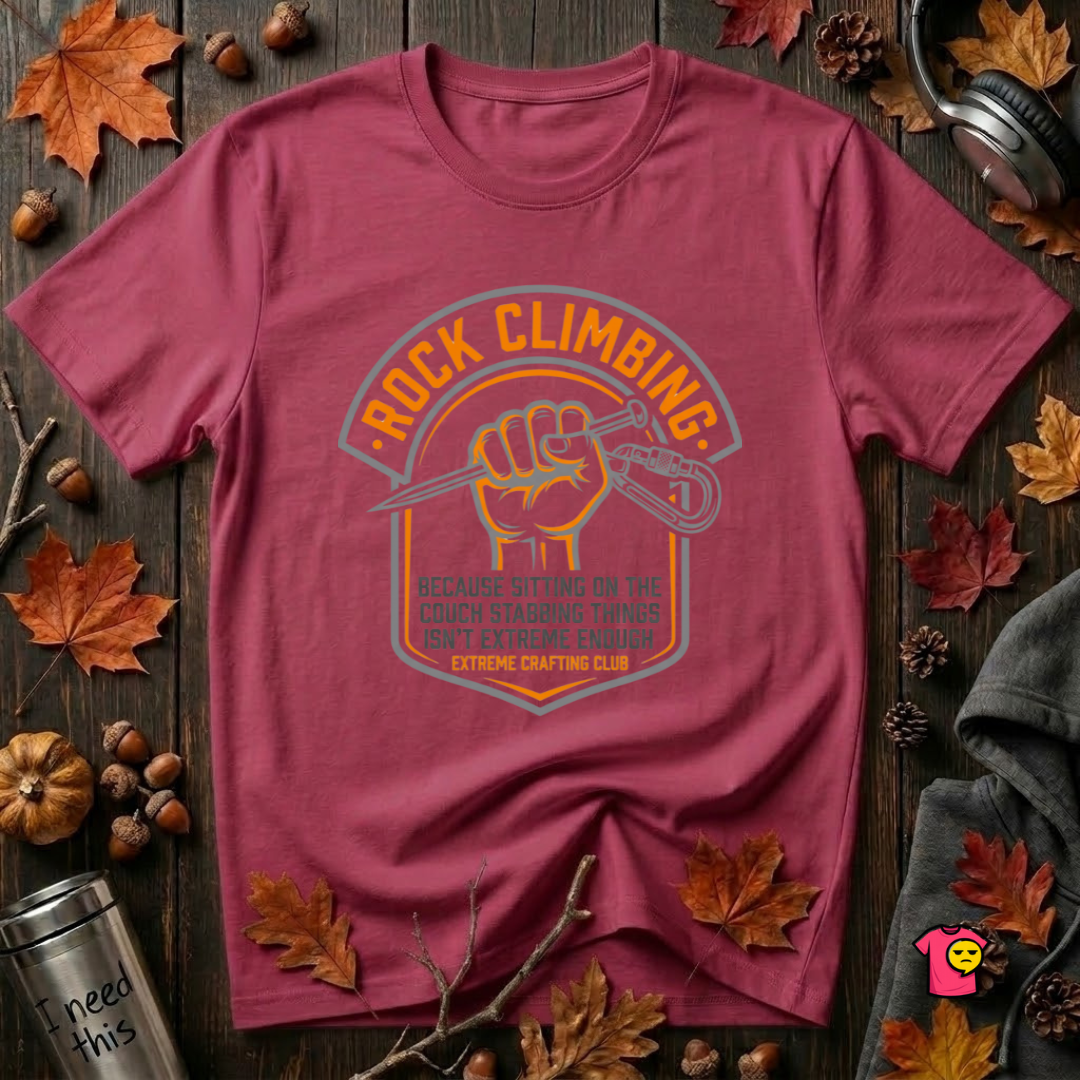 Rock Climbing sarcastic graphic t-shirt in Cardinal by Snarky Sarks
