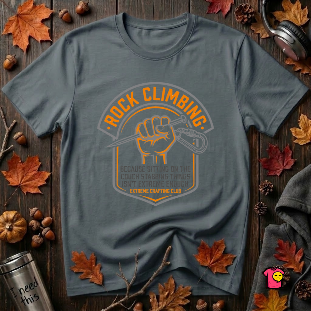 Rock Climbing sarcastic graphic t-shirt in Dark Gray by Snarky Sarks