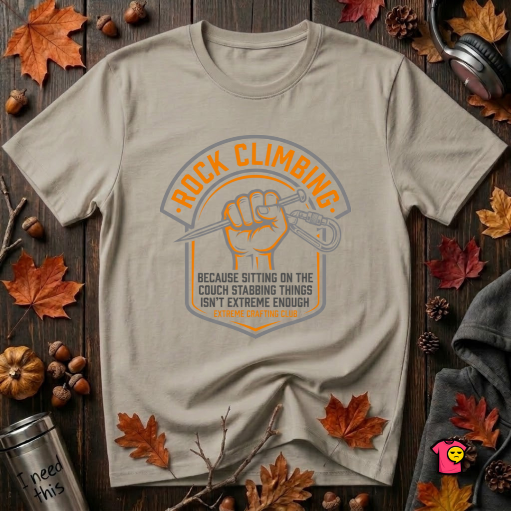 Rock Climbing sarcastic graphic t-shirt in Heather Stone by Snarky Sarks