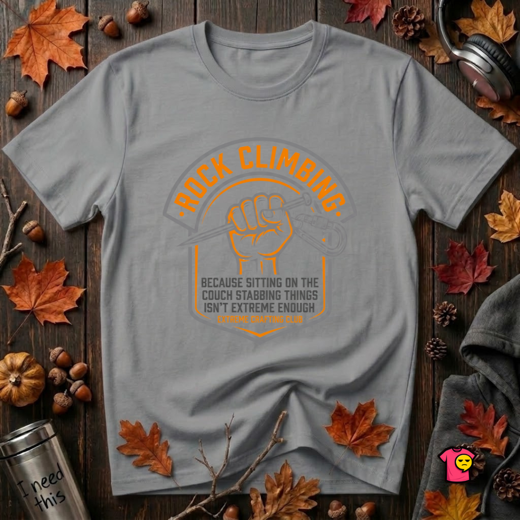 Rock Climbing sarcastic graphic t-shirt in Heather Storm by Snarky Sarks