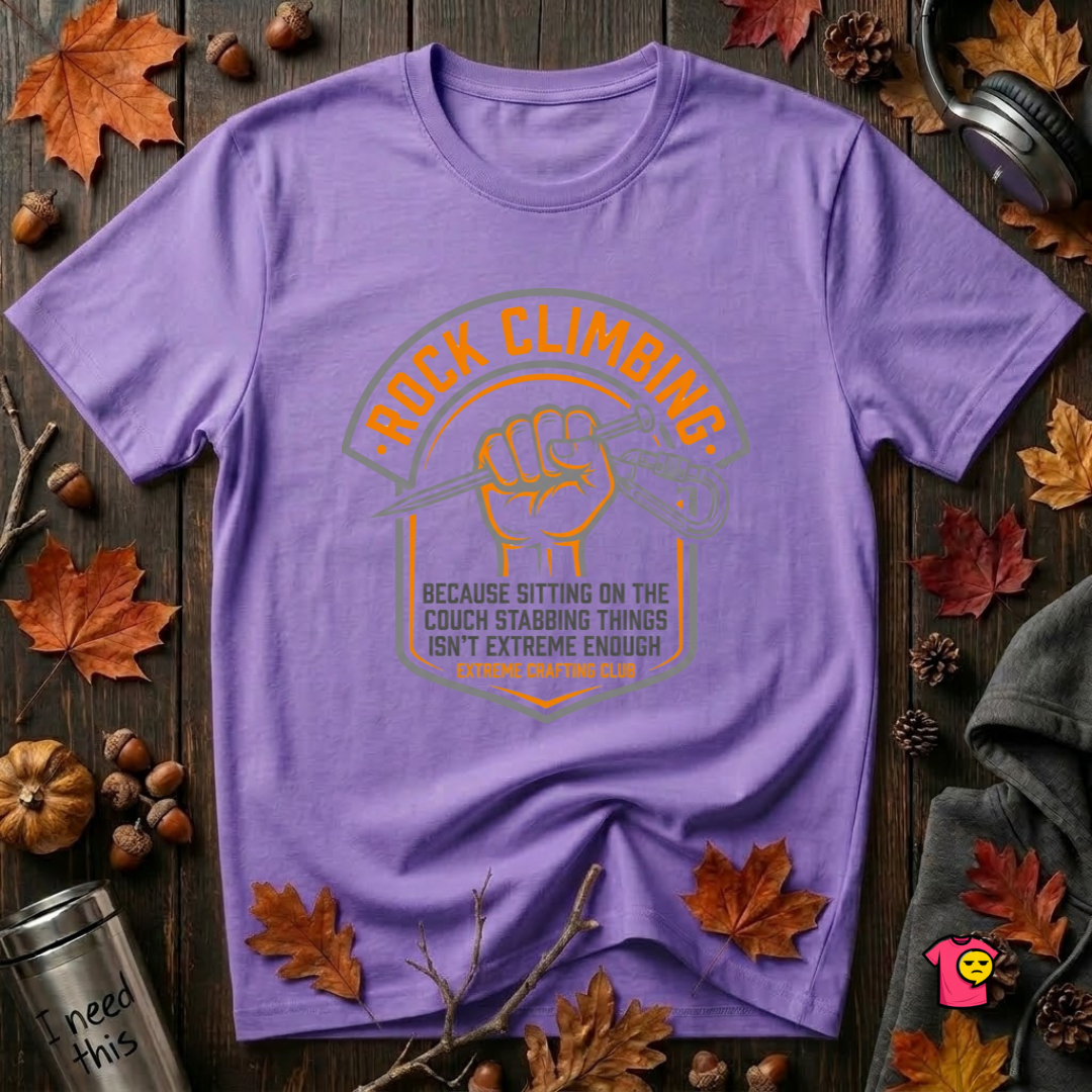 Rock Climbing sarcastic graphic t-shirt in Heather Team Purple by Snarky Sarks