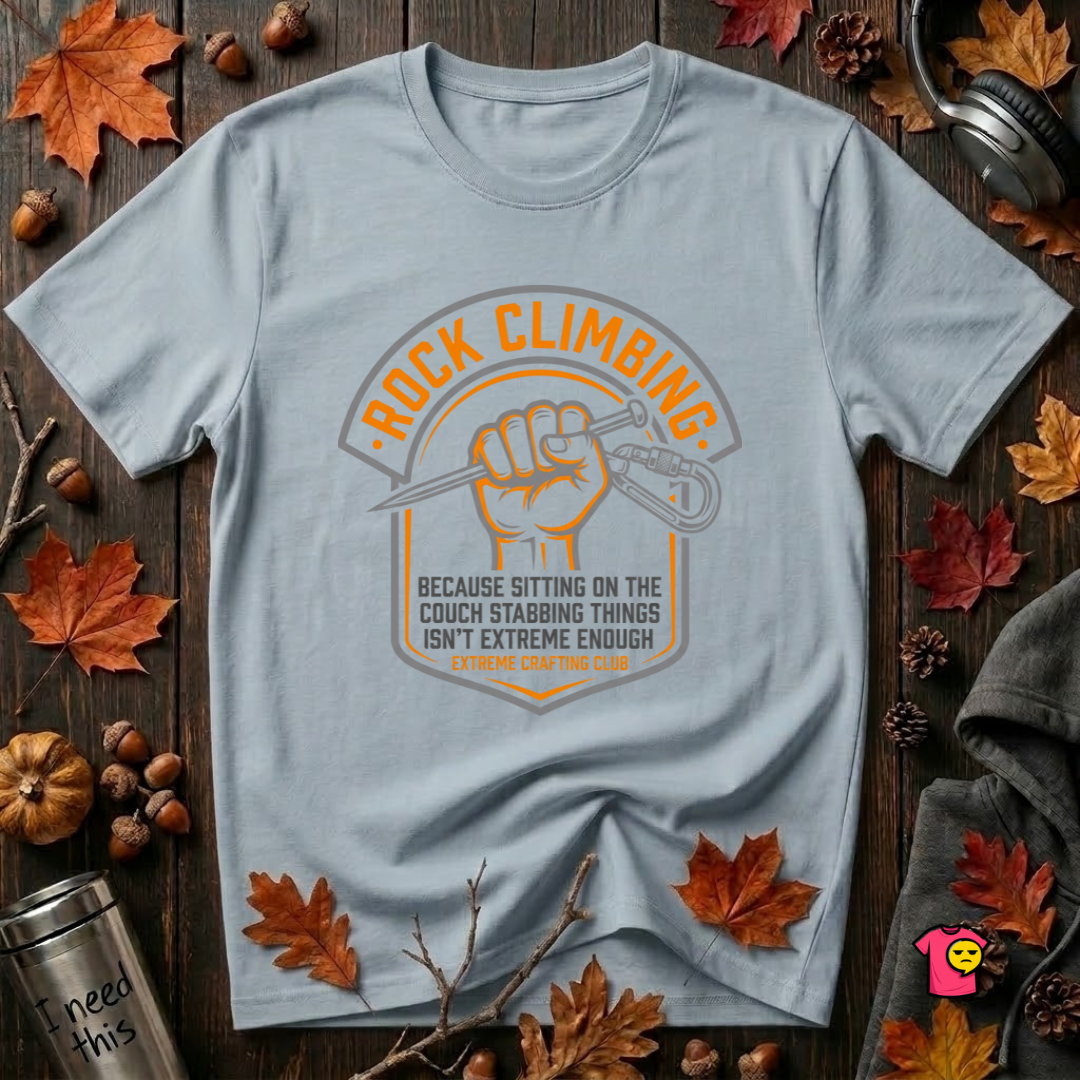 Rock Climbing sarcastic graphic t-shirt in Light Blue by Snarky Sarks