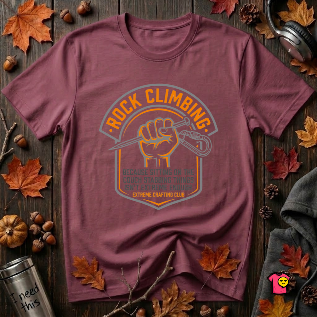 Rock Climbing sarcastic graphic t-shirt in Maroon by Snarky Sarks