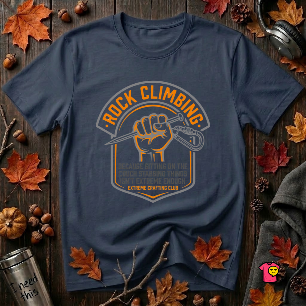 Rock Climbing sarcastic graphic t-shirt in Navy by Snarky Sarks