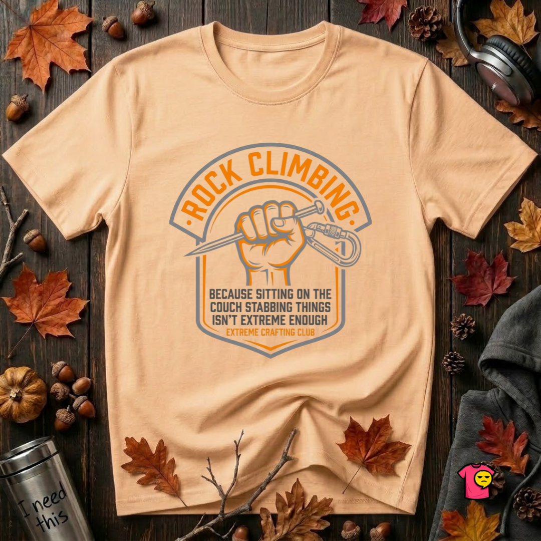 Rock Climbing sarcastic graphic t-shirt in Peach by Snarky Sarks