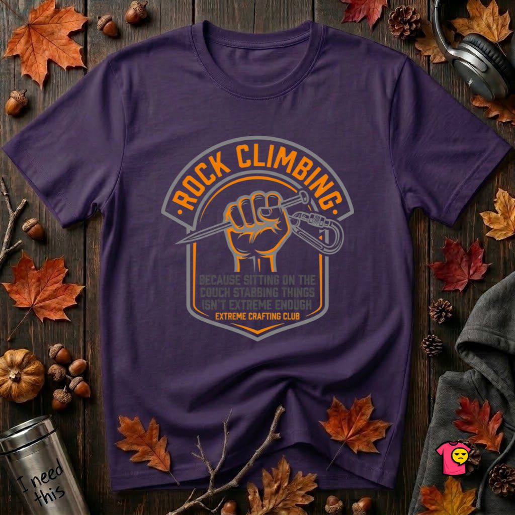 Rock Climbing sarcastic graphic t-shirt in Purple by Snarky Sarks