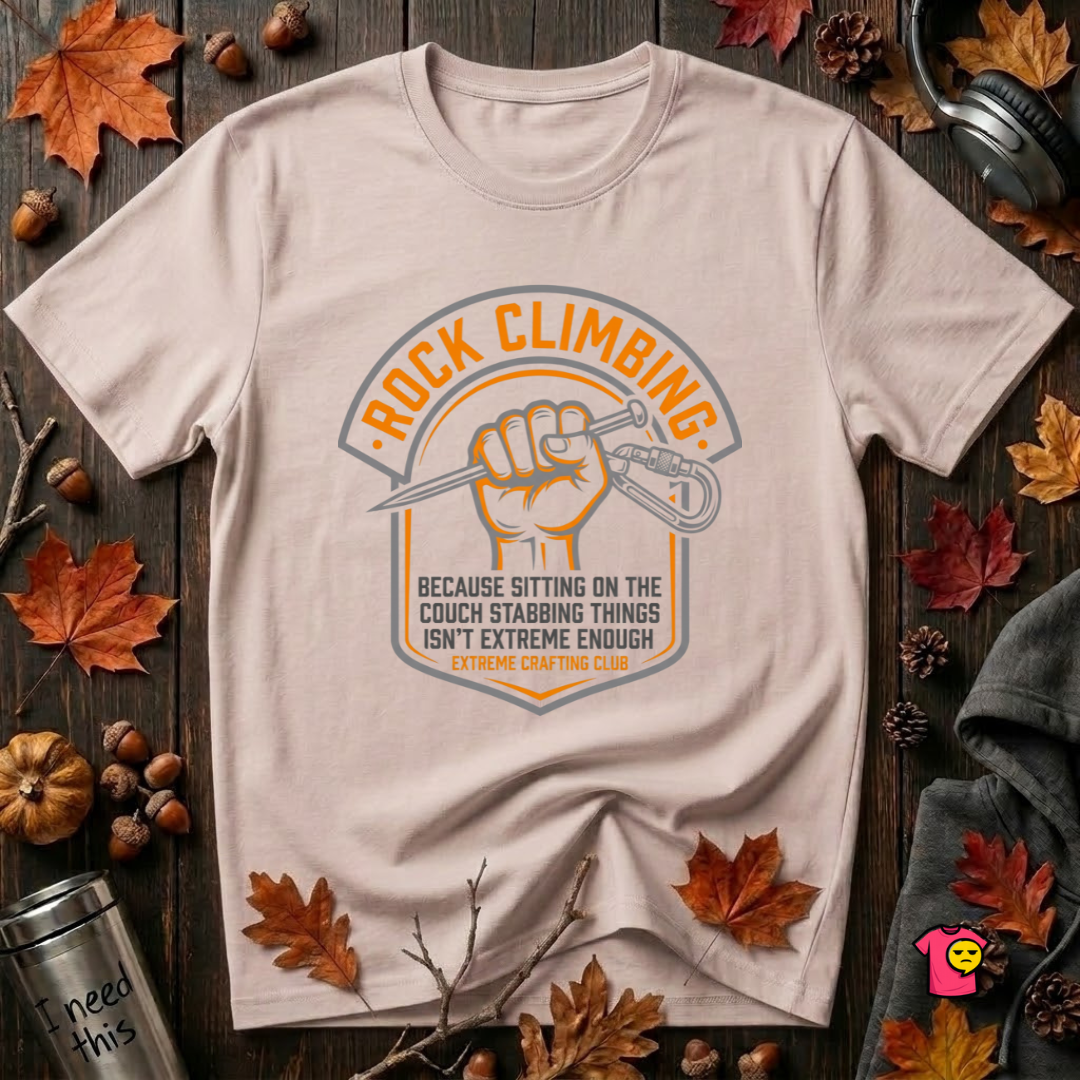 Rock Climbing sarcastic graphic t-shirt in Soft Pink by Snarky Sarks