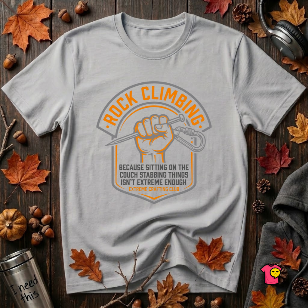 Rock Climbing sarcastic graphic t-shirt in Solid Athletic Gray by Snarky Sarks