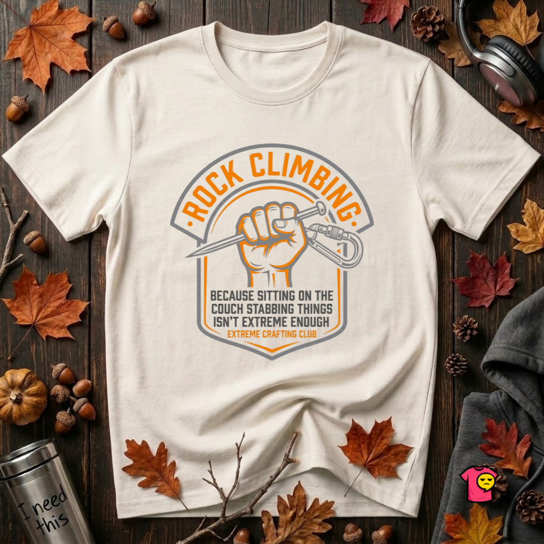 Rock Climbing sarcastic graphic t-shirt in White by Snarky Sarks