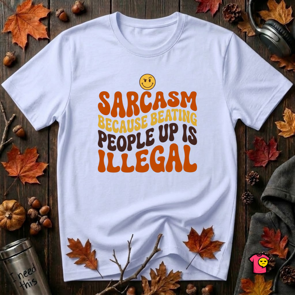 Sarcasm: Because Beating People Up Is Illegal retro smiley t-shirt in Ash by Snarky Sarks