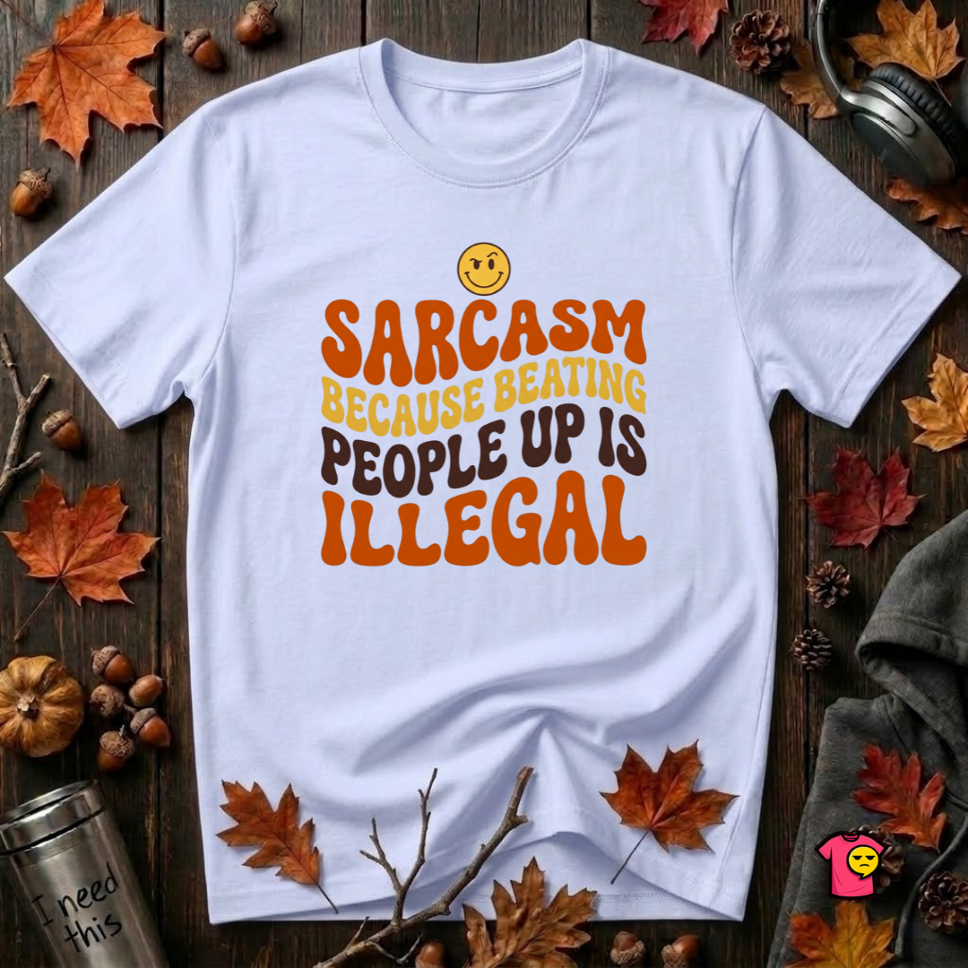 Sarcasm: Because Beating People Up Is Illegal retro smiley t-shirt in Ash by Snarky Sarks