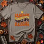 Sarcasm: Because Beating People Up Is Illegal retro smiley t-shirt in Asphalt by Snarky Sarks