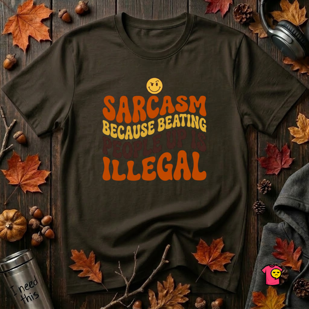 Sarcasm: Because Beating People Up Is Illegal retro smiley t-shirt in Black by Snarky Sarks
