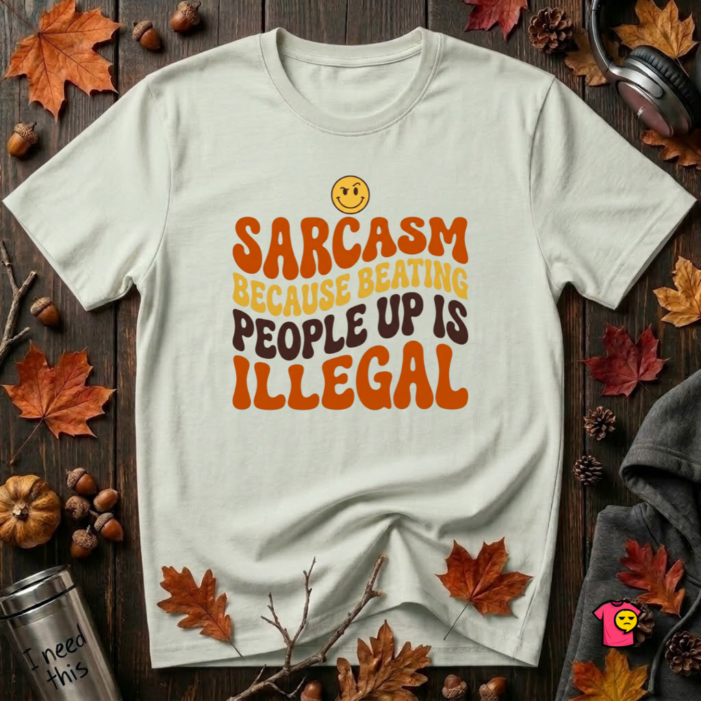 Sarcasm: Because Beating People Up Is Illegal retro smiley t-shirt in Citron by Snarky Sarks