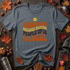 Sarcasm: Because Beating People Up Is Illegal retro smiley t-shirt in Dark Gray by Snarky Sarks