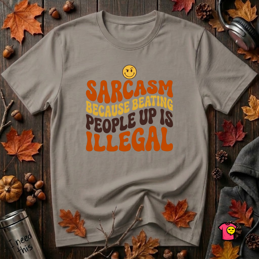 Sarcasm: Because Beating People Up Is Illegal retro smiley t-shirt in Deep Heather by Snarky Sarks