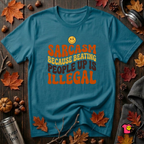 Sarcasm: Because Beating People Up Is Illegal retro smiley t-shirt in Deep Teal by Snarky Sarks