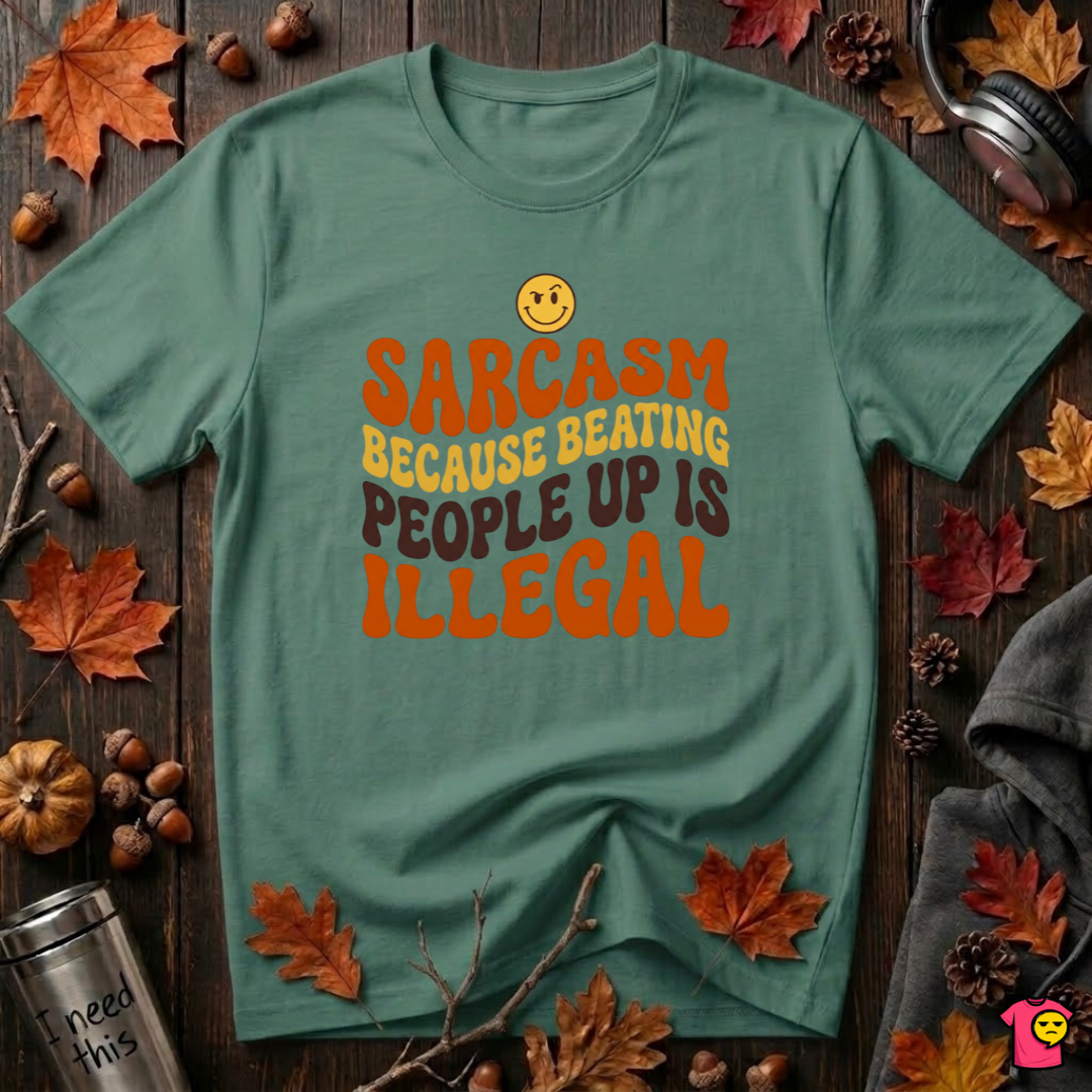 Sarcasm: Because Beating People Up Is Illegal retro smiley t-shirt in Grass Green by Snarky Sarks