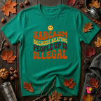 Sarcasm: Because Beating People Up Is Illegal retro smiley t-shirt in Heather Kelly by Snarky Sarks