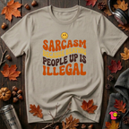 Sarcasm: Because Beating People Up Is Illegal retro smiley t-shirt in Heather Stone by Snarky Sarks