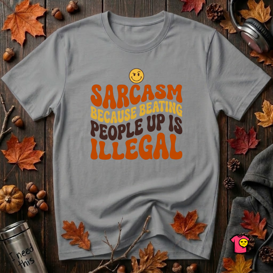 Sarcasm: Because Beating People Up Is Illegal retro smiley t-shirt in Heather Storm by Snarky Sarks