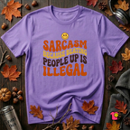 Sarcasm: Because Beating People Up Is Illegal retro smiley t-shirt in Heather Team Purple by Snarky Sarks